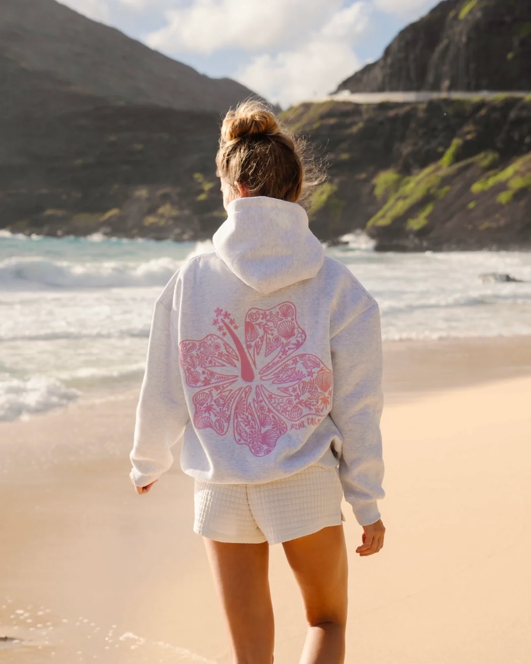 "Hawaii Hibiscus" Hoodie in Heather Cloud - Image 3